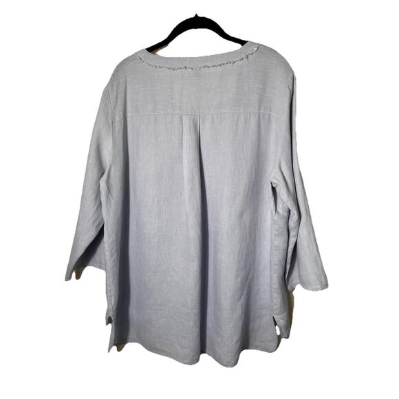 Ellen Tracy Linen Top‎ XL Blue Zip Neck Roll Tab Sleeve 100% Linen Tunic Blouse - Picture 5 of 13